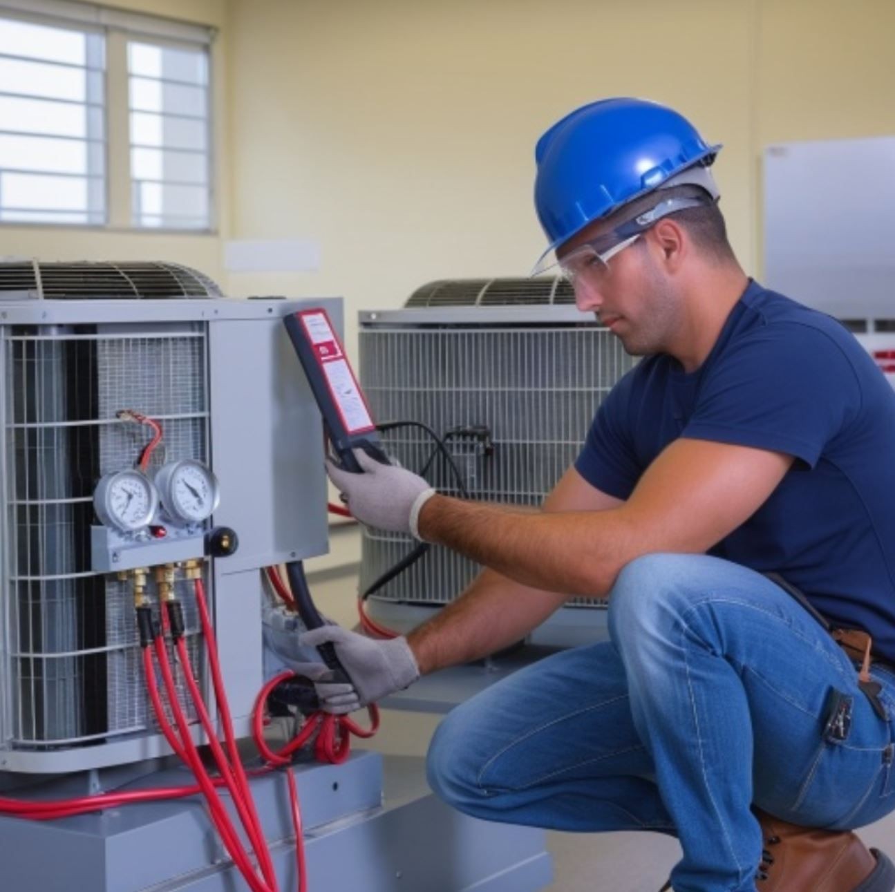 Technician in blue helmet and gloves checks HVAC system with gauges and panel.