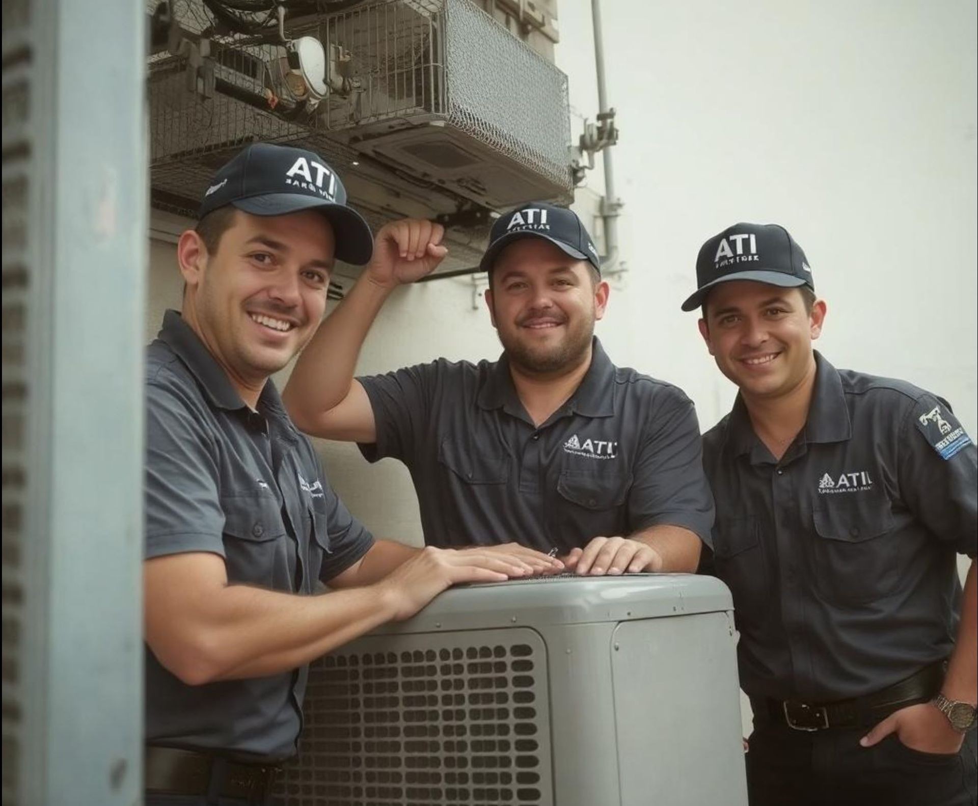 Three technicians in matching uniforms posing next to an outdoor HVAC unit, smiling at the camera.