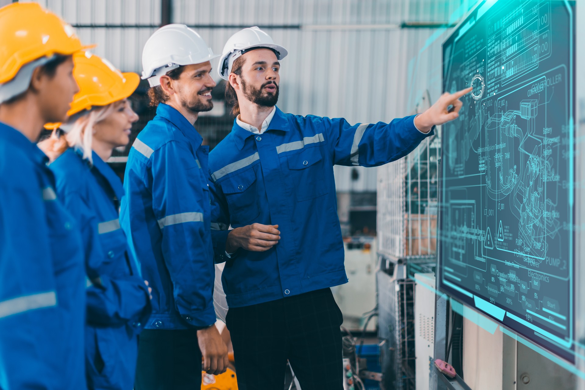 Engineer team training employee plan meeting. Plant staff worker safety technician group planning process discussion with digital white board present workflow.